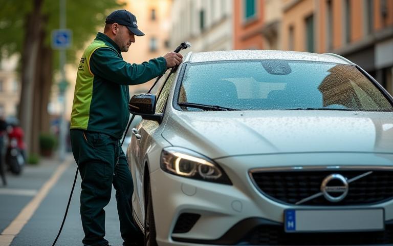 Technicien Lavage Éclat nettoyant un véhicule avec minutie, rue de Lyon